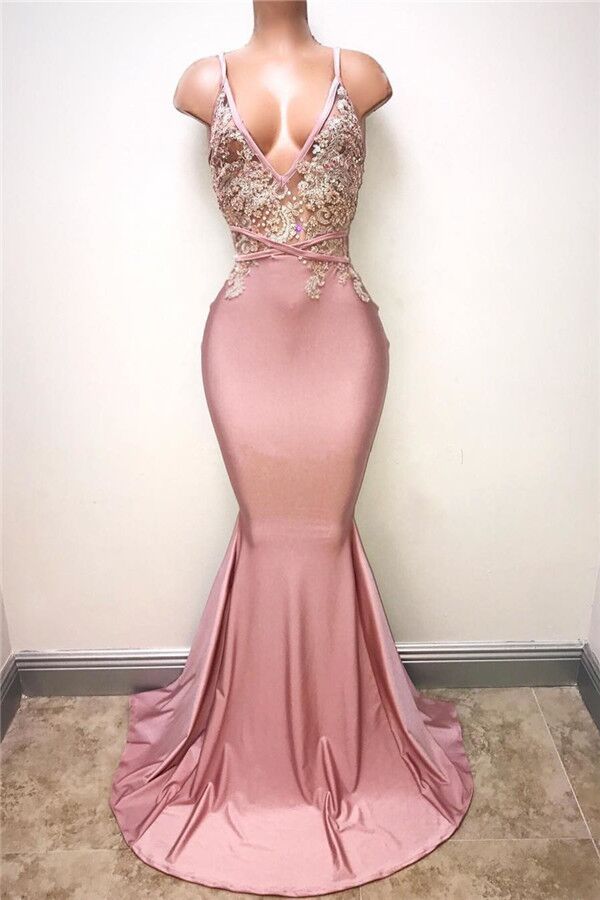 Glamorous Pink Spaghetti-Straps Long Mermaid Prom Dress UK With Lace Appliques-ballbellauk