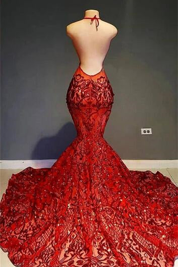 Glamorous Red Halter Sequins Lace Mermaid Prom Dress UK-ballbellauk