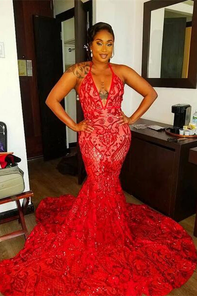 Glamorous Red Halter Sequins Lace Mermaid Prom Dress UK-ballbellauk