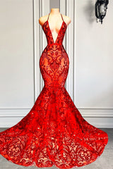 Glamorous Red Halter Sequins Lace Mermaid Prom Dress UK-ballbellauk