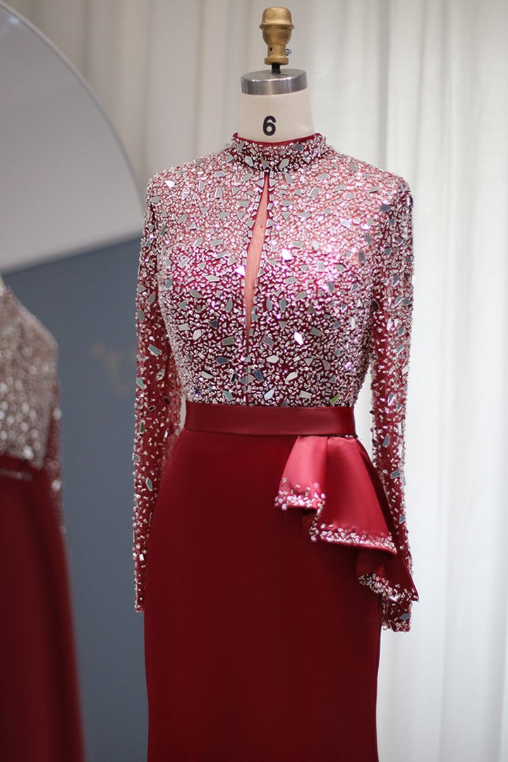 Glamorous Red Jewel Neck Mermaid Prom Dress UK with Sparkle Sequins and Long Sleeves-ballbellauk