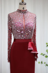 Glamorous Red Jewel Neck Mermaid Prom Dress UK with Sparkle Sequins and Long Sleeves-ballbellauk