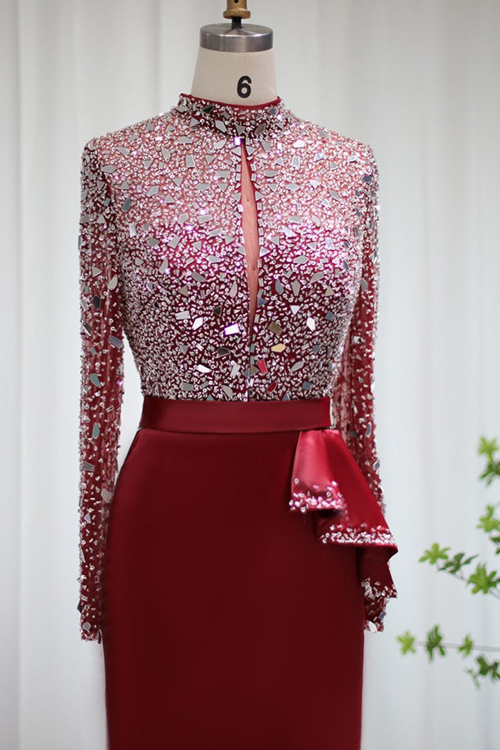 Glamorous Red Jewel Neck Mermaid Prom Dress UK with Sparkle Sequins and Long Sleeves-ballbellauk