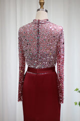 Glamorous Red Jewel Neck Mermaid Prom Dress UK with Sparkle Sequins and Long Sleeves-ballbellauk