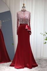 Glamorous Red Jewel Neck Mermaid Prom Dress UK with Sparkle Sequins and Long Sleeves-ballbellauk