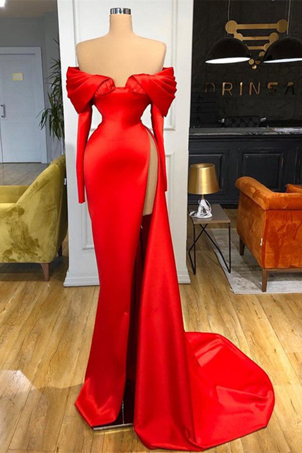 Glamorous Red Mermaid Prom Dress UK with Off-The-Shoulder Long Sleeves-ballbellauk