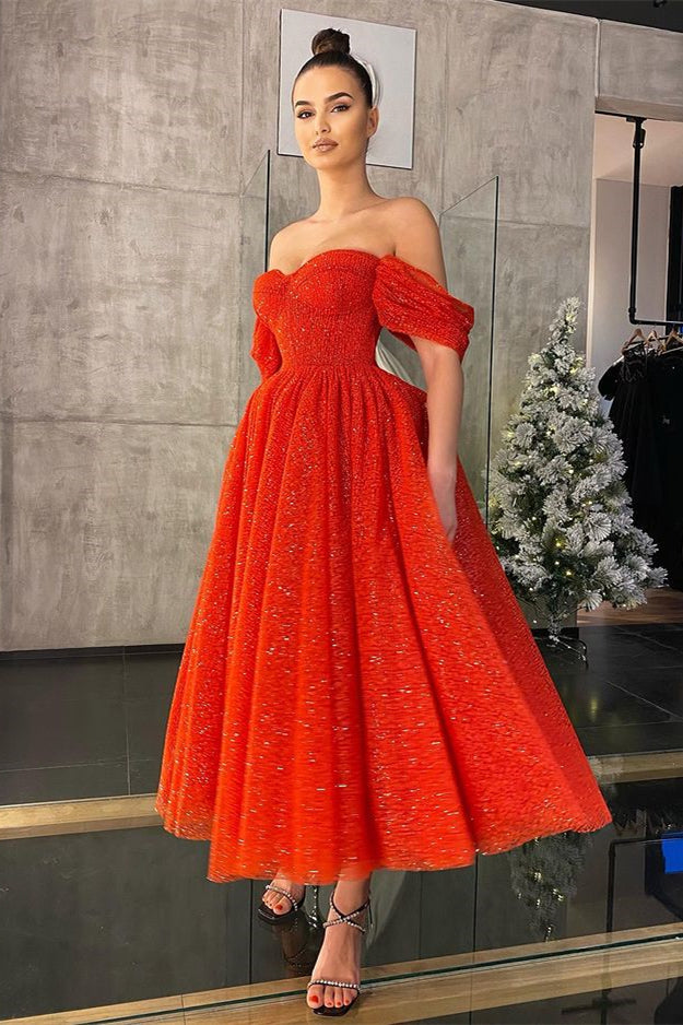 Glamorous Red Off-the-Shoulder Prom Dress UK With Sequins-ballbellauk