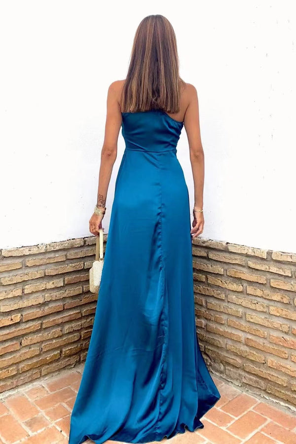 Glamorous Royal Blue One-Shoulder Sleeveless Slit Prom Dress UK-ballbellauk