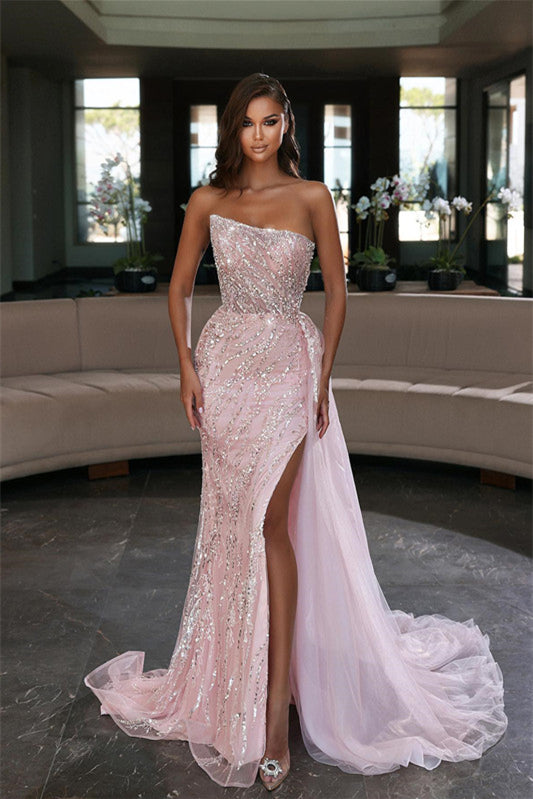 Glamorous Strapless Mermaid Evening Dress with Beadings, Slit & Ruffles in Pink-ballbellauk