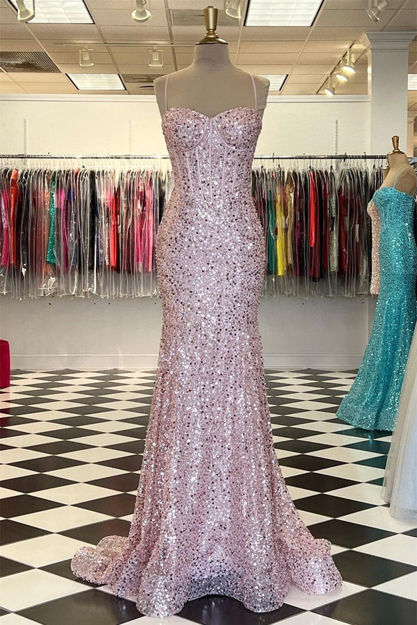 Glamorous Sweetheart Mermaid Prom Dress UK with Sequins and Spaghetti-Straps-ballbellauk