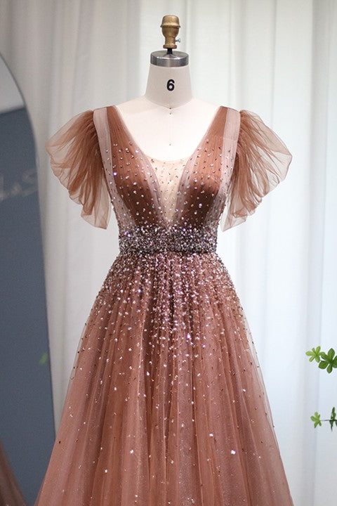 Glamorous V Neck A-Line Evening Dress with Glitter and Sequins Diamonds-ballbellauk