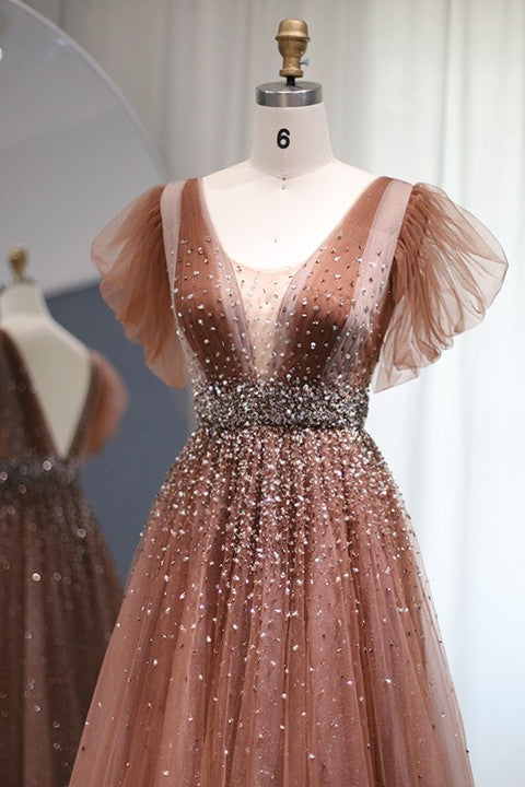 Glamorous V Neck A-Line Evening Dress with Glitter and Sequins Diamonds-ballbellauk