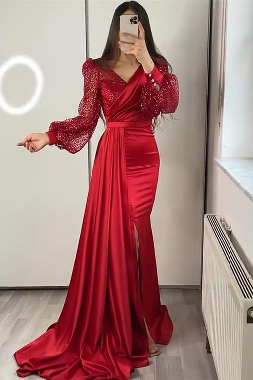 Glamorous V-Neck Long Sleeves Sequins Mermaid Split Evening Dress With Ruffle-ballbellauk