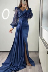 Glamorous V-Neck Long Sleeves Sequins Mermaid Split Evening Dress With Ruffle-ballbellauk