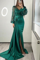 Glamorous V-Neck Long Sleeves Sequins Mermaid Split Evening Dress With Ruffle-ballbellauk