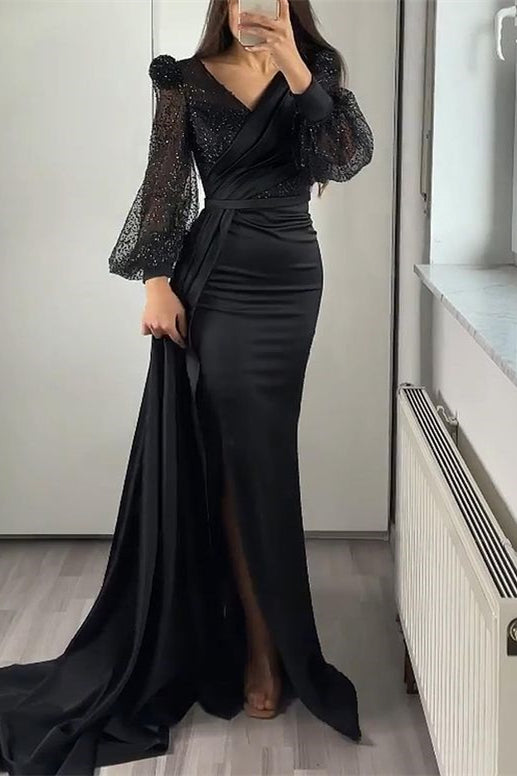 Glamorous V-Neck Long Sleeves Sequins Mermaid Split Evening Dress With Ruffle-ballbellauk