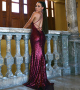 Glamorous V-Neck Sequins Evening Dress - Burgundy-ballbellauk