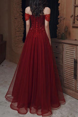 Glamorous Wine Red Off-The-Shoulder Evening Dress With Sequins Beads-ballbellauk