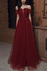 Glamorous Wine Red Off-The-Shoulder Evening Dress With Sequins Beads-ballbellauk