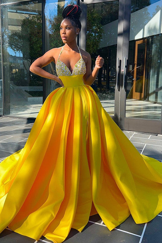 Glamorous Yellow Sequins V-Neck A-Line Prom Dress UK Sleeveless With Split-ballbellauk