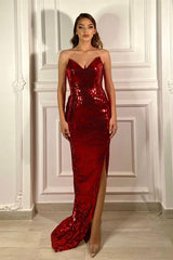 Glitter Red Mermaid Evening Dress With Split-ballbellauk