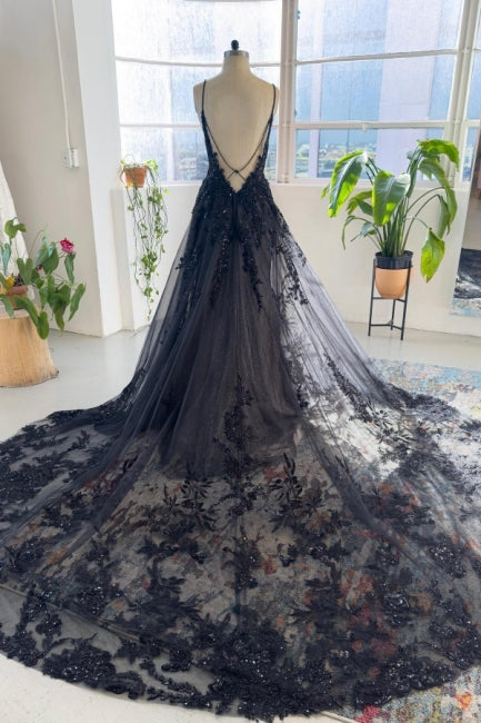 Glorious Black Spaghetti-Straps Sleeveless Long Lace Sequined Bridal Gowns On Sale-ballbellauk