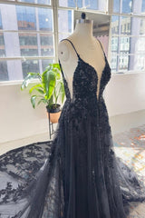 Glorious Black Spaghetti-Straps Sleeveless Long Lace Sequined Bridal Gowns On Sale-ballbellauk