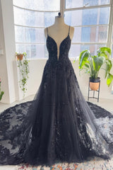 Glorious Black Spaghetti-Straps Sleeveless Long Lace Sequined Bridal Gowns On Sale-ballbellauk