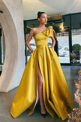 Glorious One Shoulder Yellow Evening Dresses Slit Long With Pockets-ballbellauk