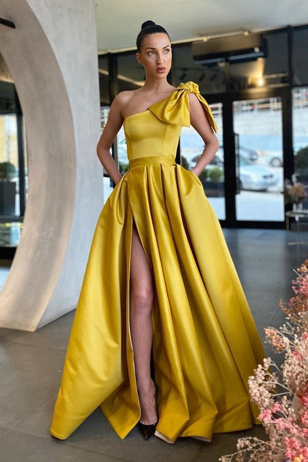 Glorious One Shoulder Yellow Evening Dresses Slit Long With Pockets-ballbellauk