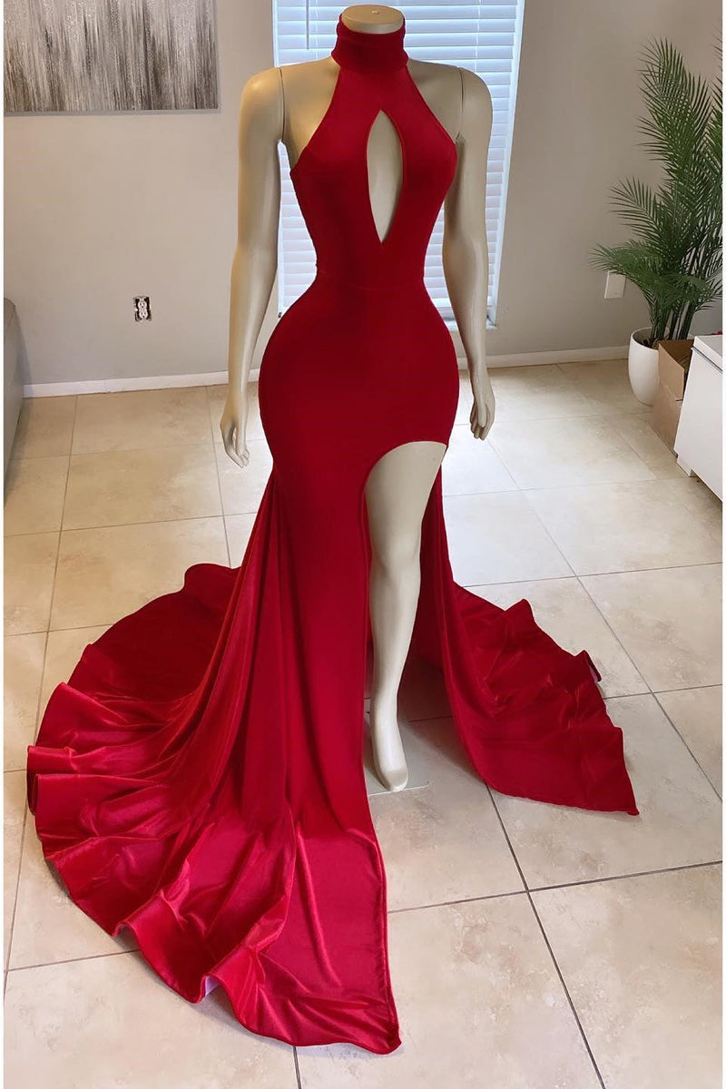 Glorious Red Front Split Mermaid High-Neck Prom Dress UK Online-ballbellauk