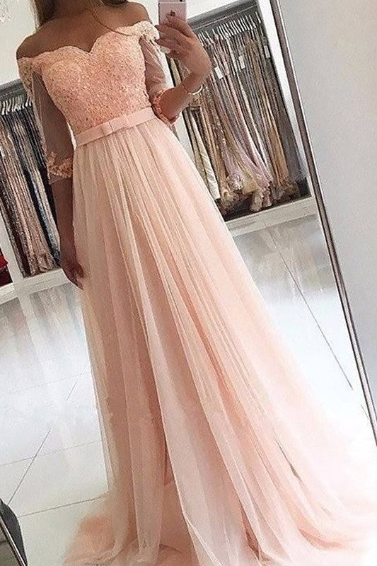 Gorgeous 3/4 Sleeves Off-the-Shoulder Tulle Prom Dress-ballbellauk