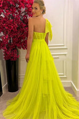 Gorgeous A-Line One-Shoulder Tulle Long Prom Dress UK With Split-ballbellauk