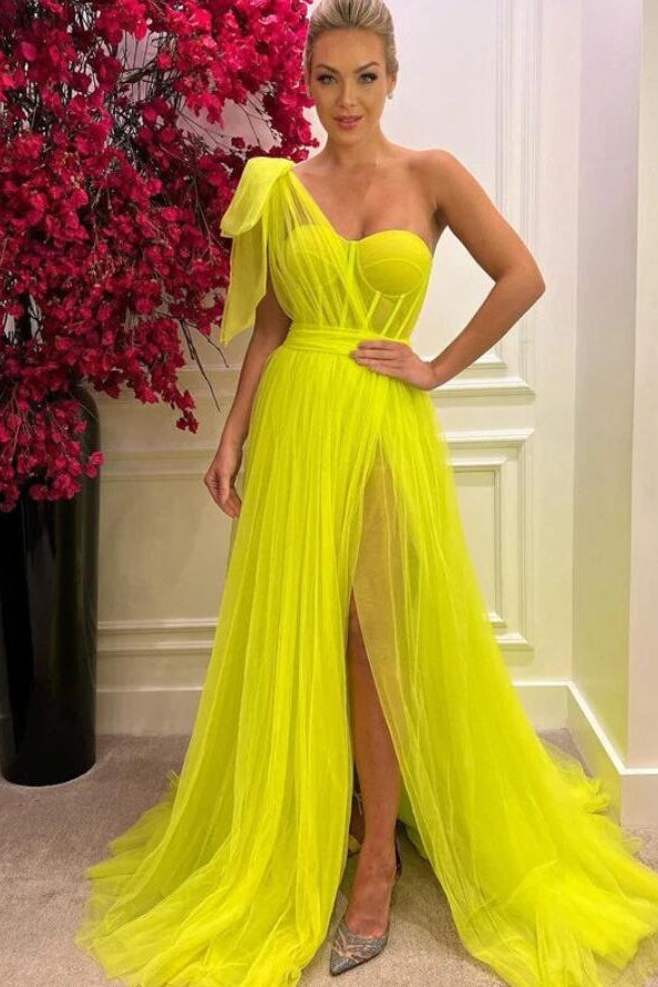 Gorgeous A-Line One-Shoulder Tulle Long Prom Dress UK With Split-ballbellauk