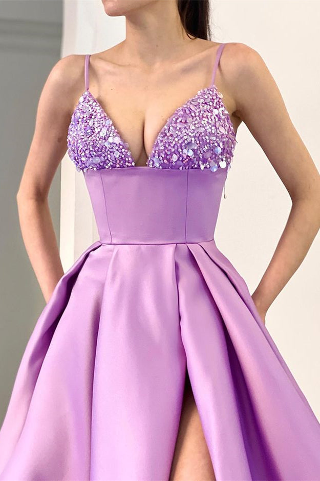 Gorgeous A Line Sequins Evening Dress with Split - Spaghetti-Straps Lavender-ballbellauk