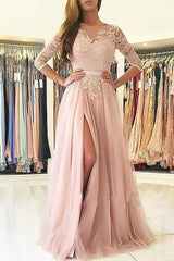 Gorgeous Bateau 3/4 Sleeves With Appliques Tulle Prom Dress-ballbellauk