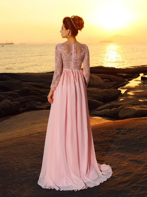 Gorgeous Bateau Beading Long Sleeves Long Evening Dress Chiffon-ballbellauk