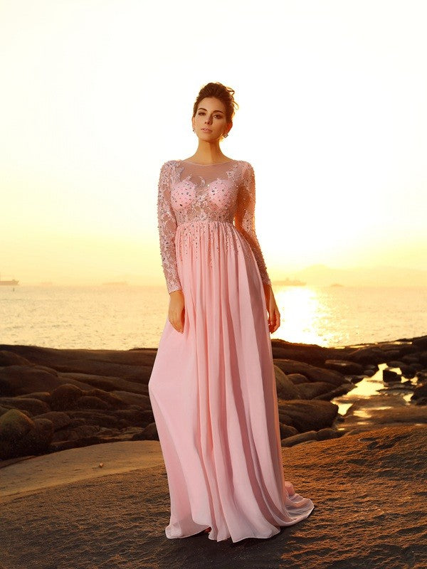 Gorgeous Bateau Beading Long Sleeves Long Evening Dress Chiffon-ballbellauk