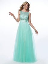 Gorgeous Bateau Beading Sleeveless Long Net Prom Dress-ballbellauk