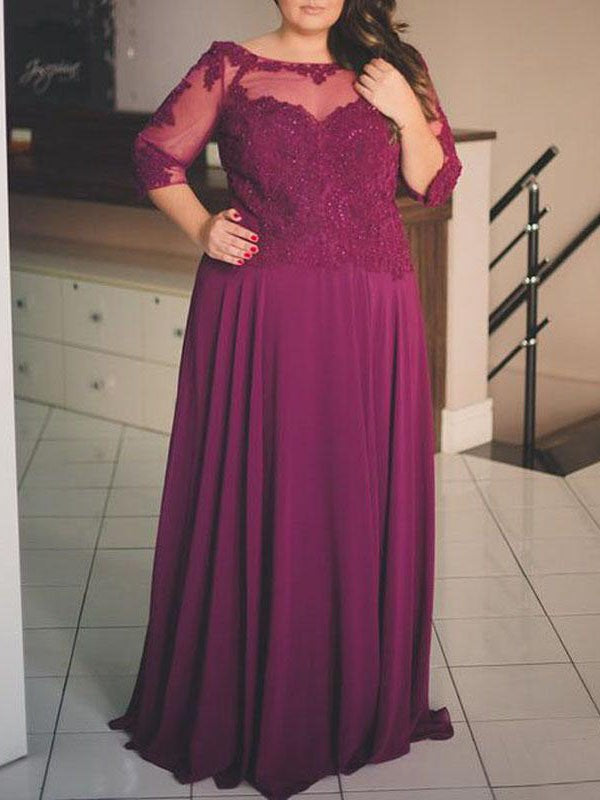 Gorgeous Bateau Half Sleeves With Appliques Long Chiffon Plus Size Prom Dress-ballbellauk