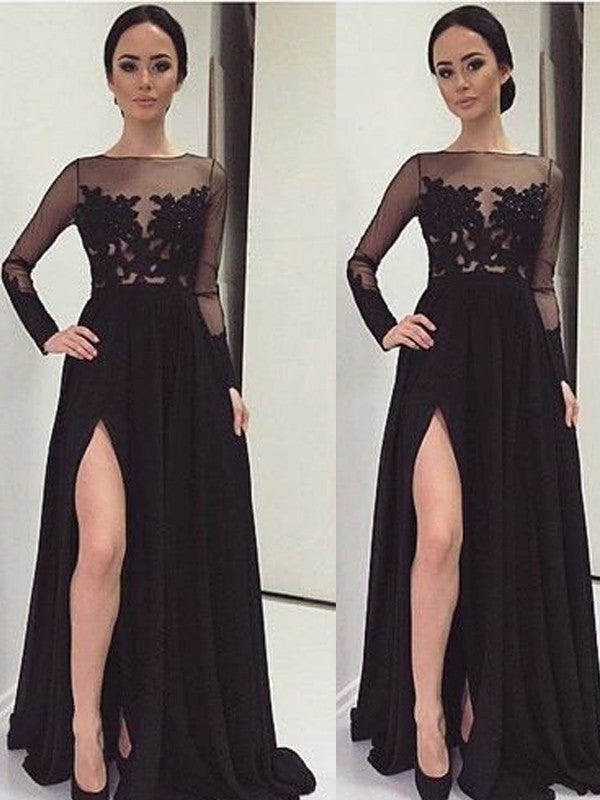 Gorgeous Bateau Long Sleeves Lace Long Evening Dress Chiffon-ballbellauk