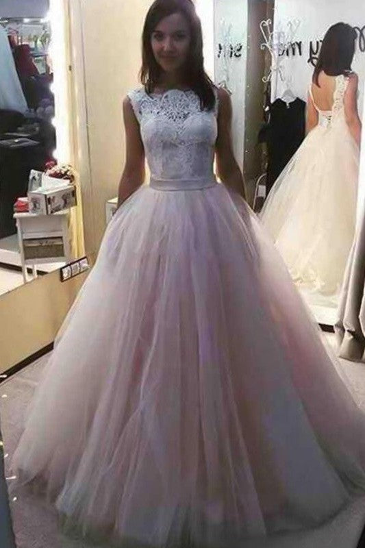 Gorgeous Bateau Sleeveless Lace Tulle Prom Dress-ballbellauk