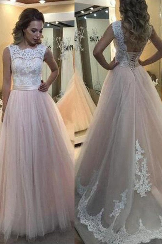 Gorgeous Bateau Sleeveless Lace Tulle Prom Dress-ballbellauk