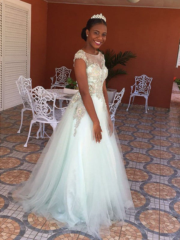 Gorgeous Bateau Sleeveless Long With Appliques Tulle Prom Dress-ballbellauk