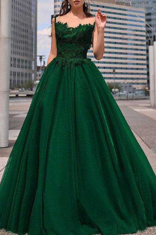 Gorgeous Bateau Tulle Beading Long Sleeveless Prom Dress-ballbellauk