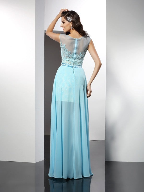 Gorgeous Bateau With Appliques Sleeveless Long Evening Dress Chiffon-ballbellauk