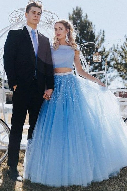 Gorgeous Beading Off-the-Shoulder Tulle Sleeveless Long Two Piece Prom Dress-ballbellauk