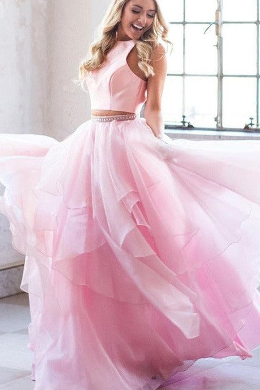 Gorgeous Beading Scoop Tulle Sleeveless Long Two Piece Prom Dress-ballbellauk