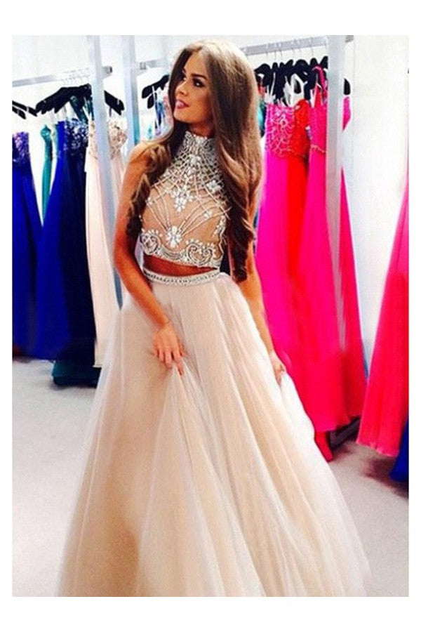 Gorgeous Beading Sleeveless Tulle Long Prom Dress-ballbellauk