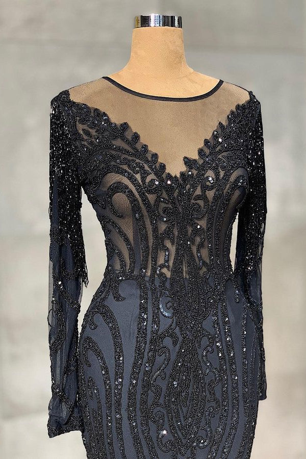 Gorgeous Black Mermaid Evening Dress with Long Sleeves and Appliques-ballbellauk